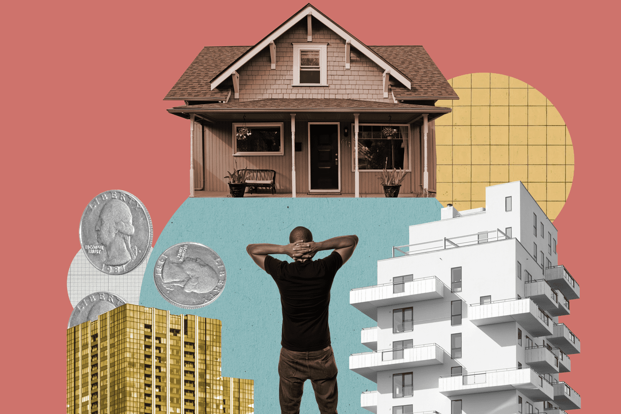 Collage of a single buyer looking at a house.