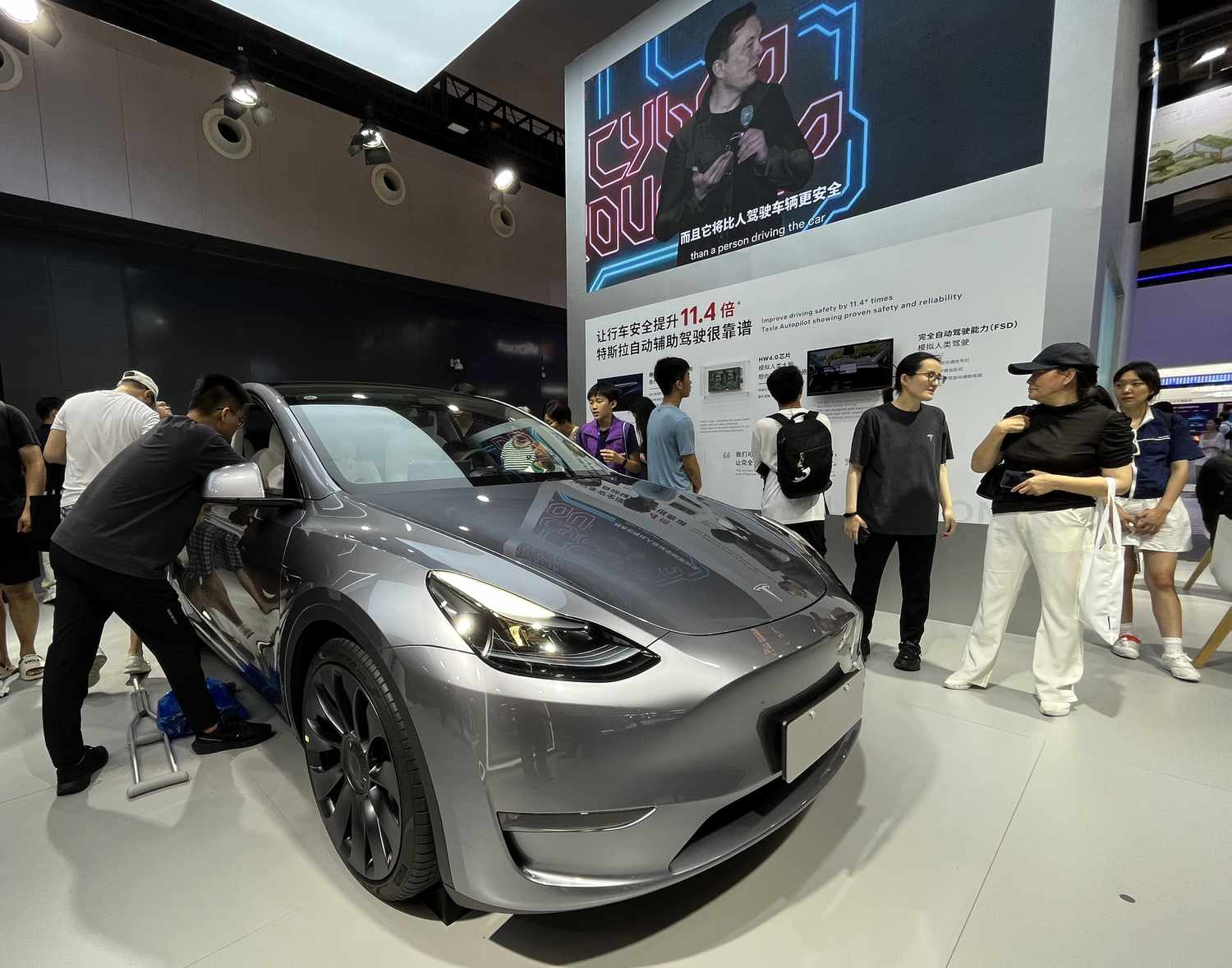 Tesla Model Y is on display during the 2024 World AI Conference & High-Level Meeting on Global AI Governance at Shanghai World Expo Exhibition and Convention Center on July 6, 2024 in Shanghai, China