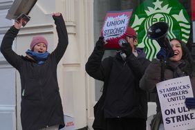 Starbucks employees from the store located on Broadway in Soho support the 5-day strike initially launched by baristas of the American coffee chain Starbucks, in New York on December 23, 2024