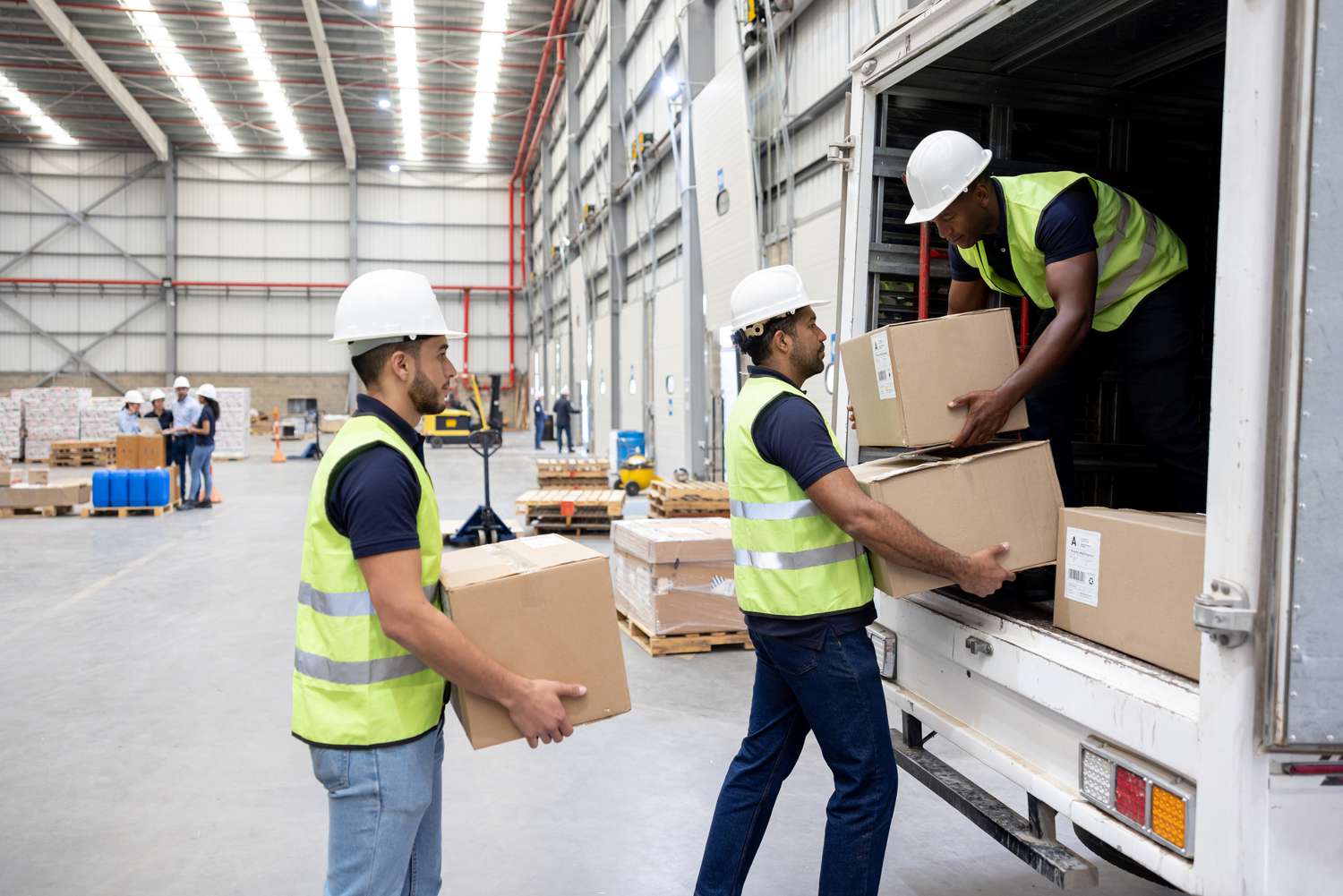 Three warehouse workers load the back of a delivery truck with supplies to fulfill an order