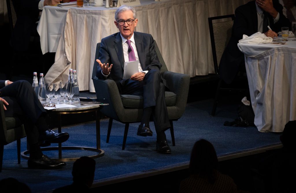 Federal Reserve Chair Jerome Powell speaks at a lunch hosted by the Economic Club of New York at the Hilton Hotel on October 19, 2023 in New York City.