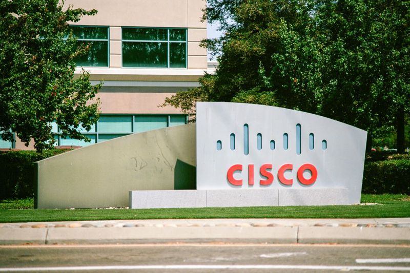 A sign with logo at the Silicon Valley headquarters of networking company Cisco.