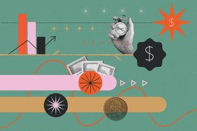 A collage with financial themes, including graphs, dollar bills, a stopwatch, and motion arrows