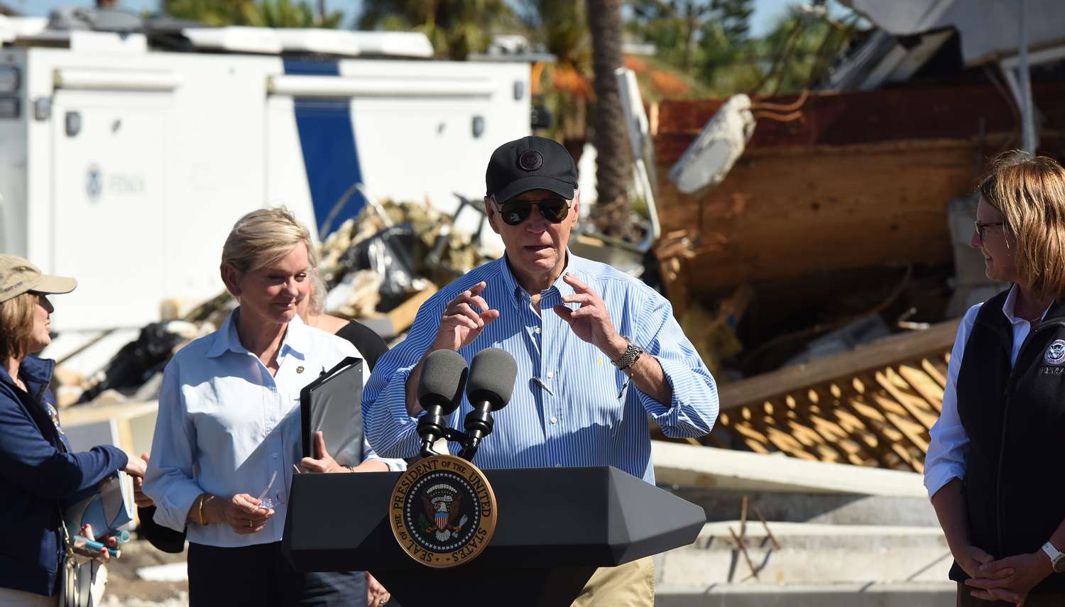 U.S. President Joe Biden gives remarks during a visit to Florida to survey the damage from Hurricanes Helene and Milton and receive a briefing from local officials, on October 13, 2024 in St. Pete Beach, Florida. 