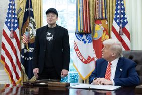 Donald Trump and Elon Musk are seen in the Oval Office, with flags in the background.