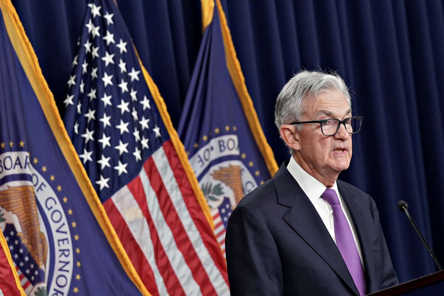 Jerome Powell, chairman of the US Federal Reserve, speaks during a news conference following a Federal Open Market Committee (FOMC) meeting in Washington, DC, US, on Wednesday, Sept. 20, 2023. The Federal Reserve left its benchmark interest rate unchanged while signaling borrowing costs will likely stay higher for longer after one more hike this year. 