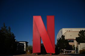 The Netflix logo on display at a company campus.