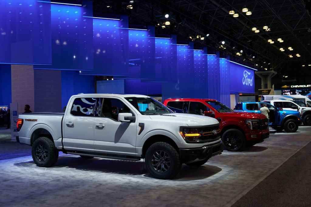 Ford F-150 pickup trucks during the 2024 New York International Auto Show (NYIAS) in New York, US, on Thursday, March 28, 2024. 