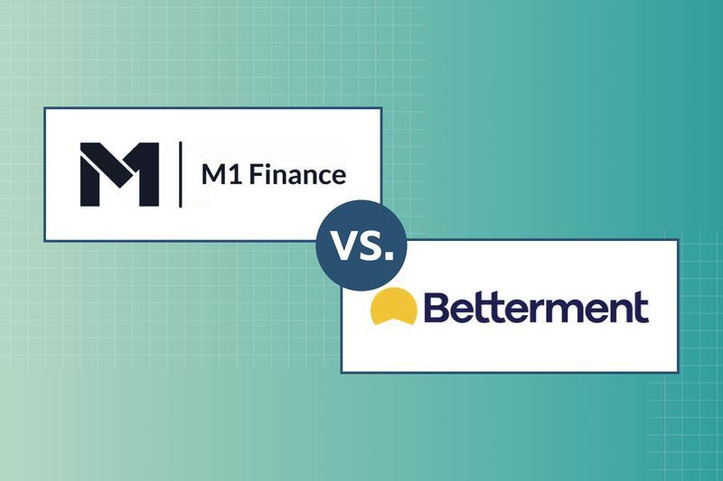 The image showcases M1 Finance logo vs Betterment Logo, it has a teal background with white square designs