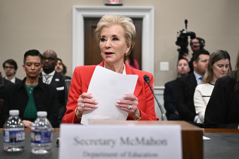 US Secretary of Education Linda McMahon prepares to testify before a House Subcommittee on Labor, Health and Human Services, Education, and Related Agencies hearing on the budget for the Department of Education, on Capitol Hill.