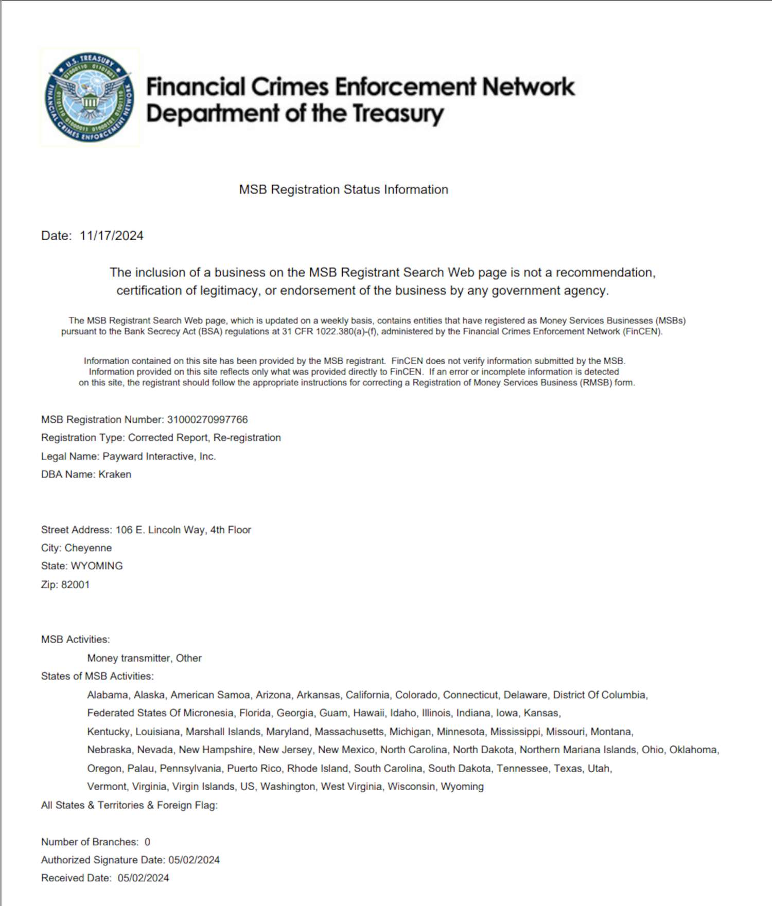 Kraken FINCEN Registration Form