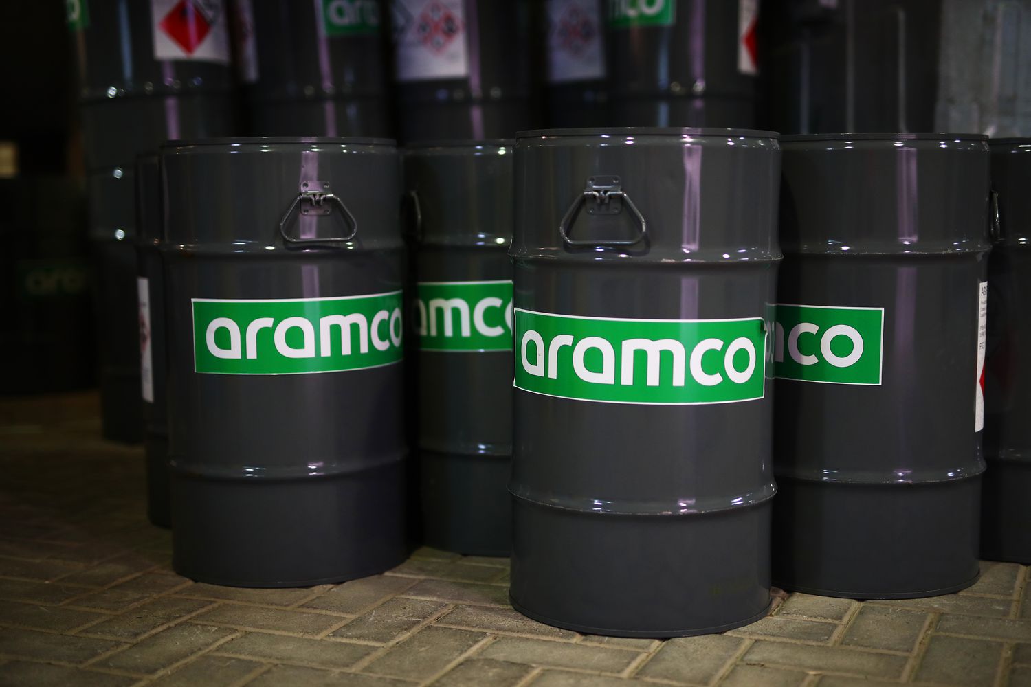 Aramco oil drums at the Bahrain International Circuit February 2023.
