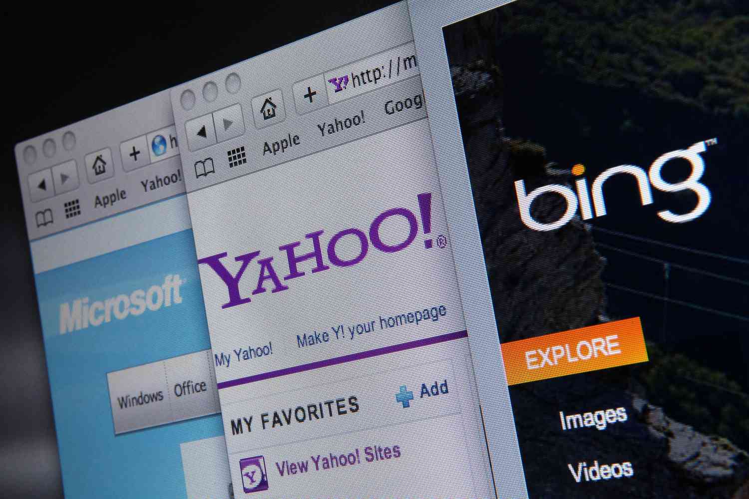 The websites of Bing, Microsoft and Yahoo are displayed on a computer monitor July 29, 2009 in San Anselmo, California.