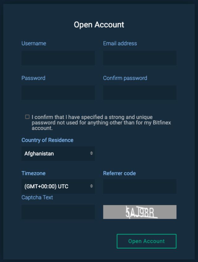 The new account screen at Bitfinex