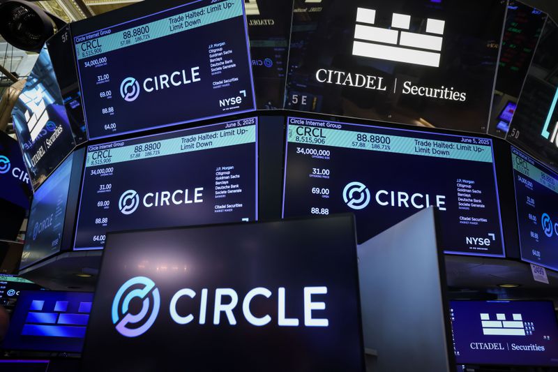 Circle Internet Financial Ltd. signage during the company's initial public offering (IPO) on the floor of the New York Stock Exchange (NYSE) on June 5, 2025