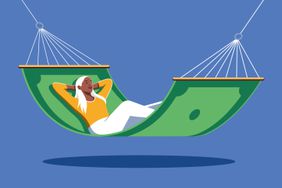 A person relaxing in a hammock shaped like a dollar bill, symbolizing comfort and financial security.
