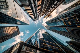 Looking up at the skyline of the financial sector of London