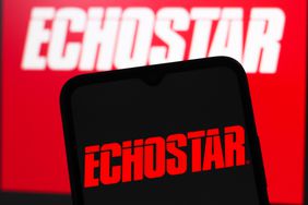 The red EchoStar logo is seen on a phone screen, with a larger red and white version in the background.