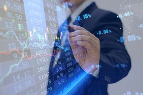Digital Composite Image Of Businessman Touching Data With Pen