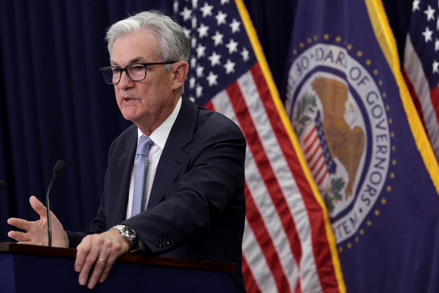 Federal Reserve Chairman Jerome Powell speaks at lectern