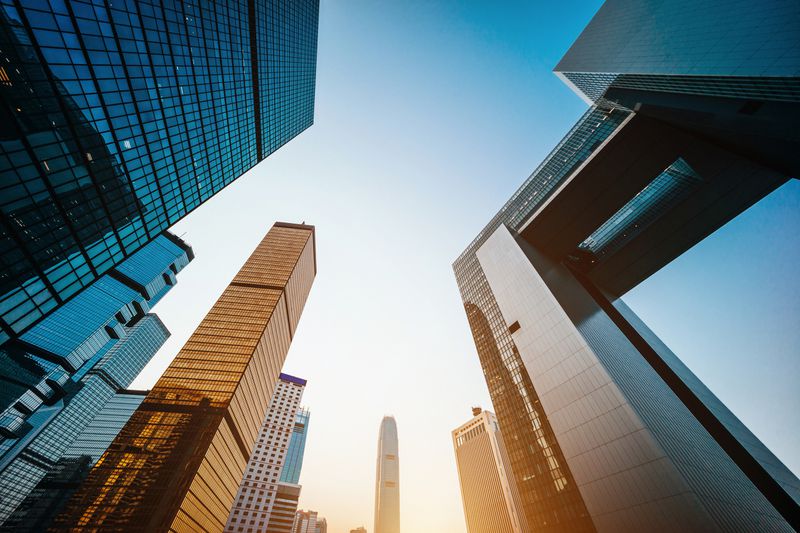 Low angle view of modern financial skyscrapers