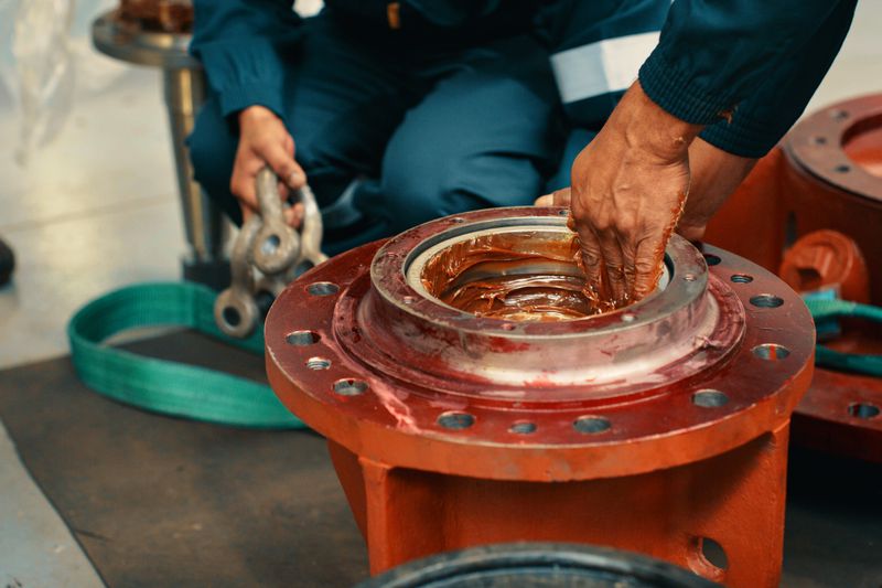 Male mechanics greasing a metal machine part in the workshop and fixing a mechanism for transmitting torque