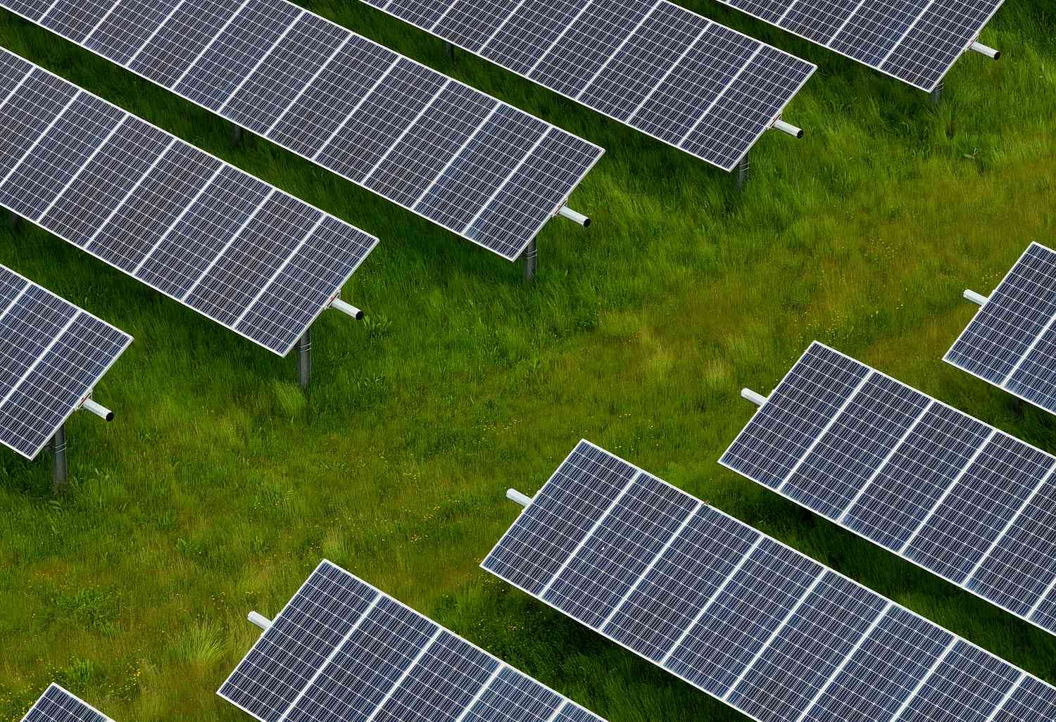 An aerial view of a solar farm.