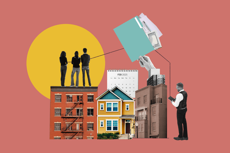 Collage of people, houses, and a calendar depicting how long it takes to buy a home.