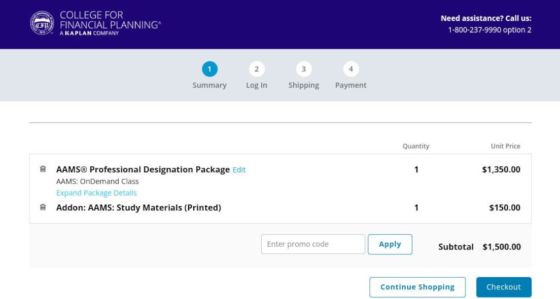 College of Financial Planning Checkout Screenshot