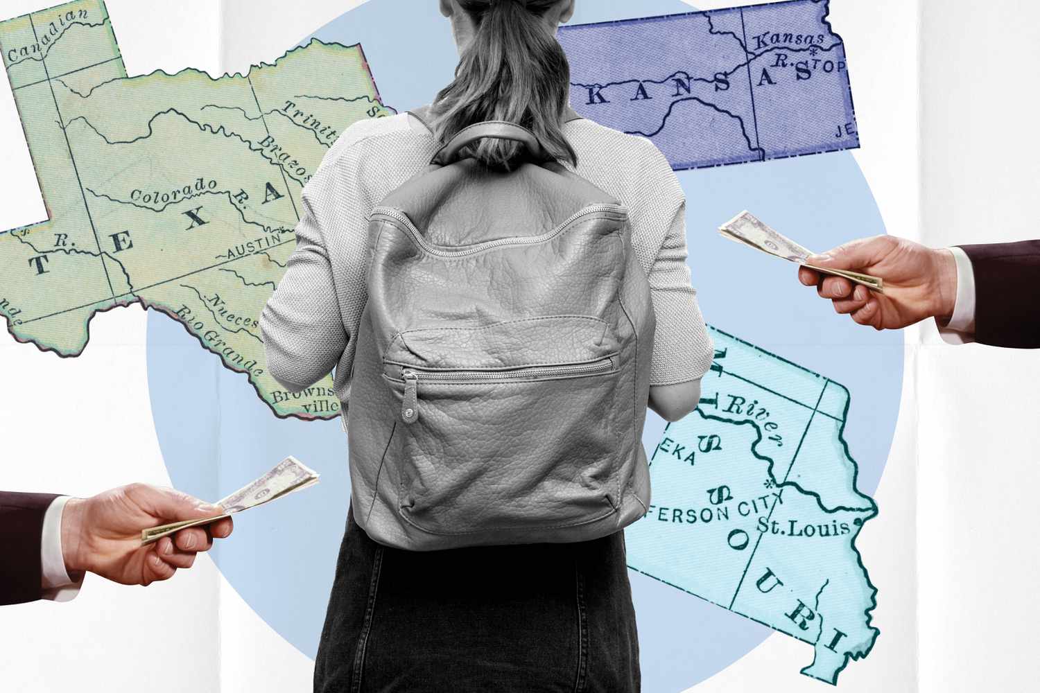 A college student is being handed money. Outlines of Texasx, Kansas and Missouri are behind her. 