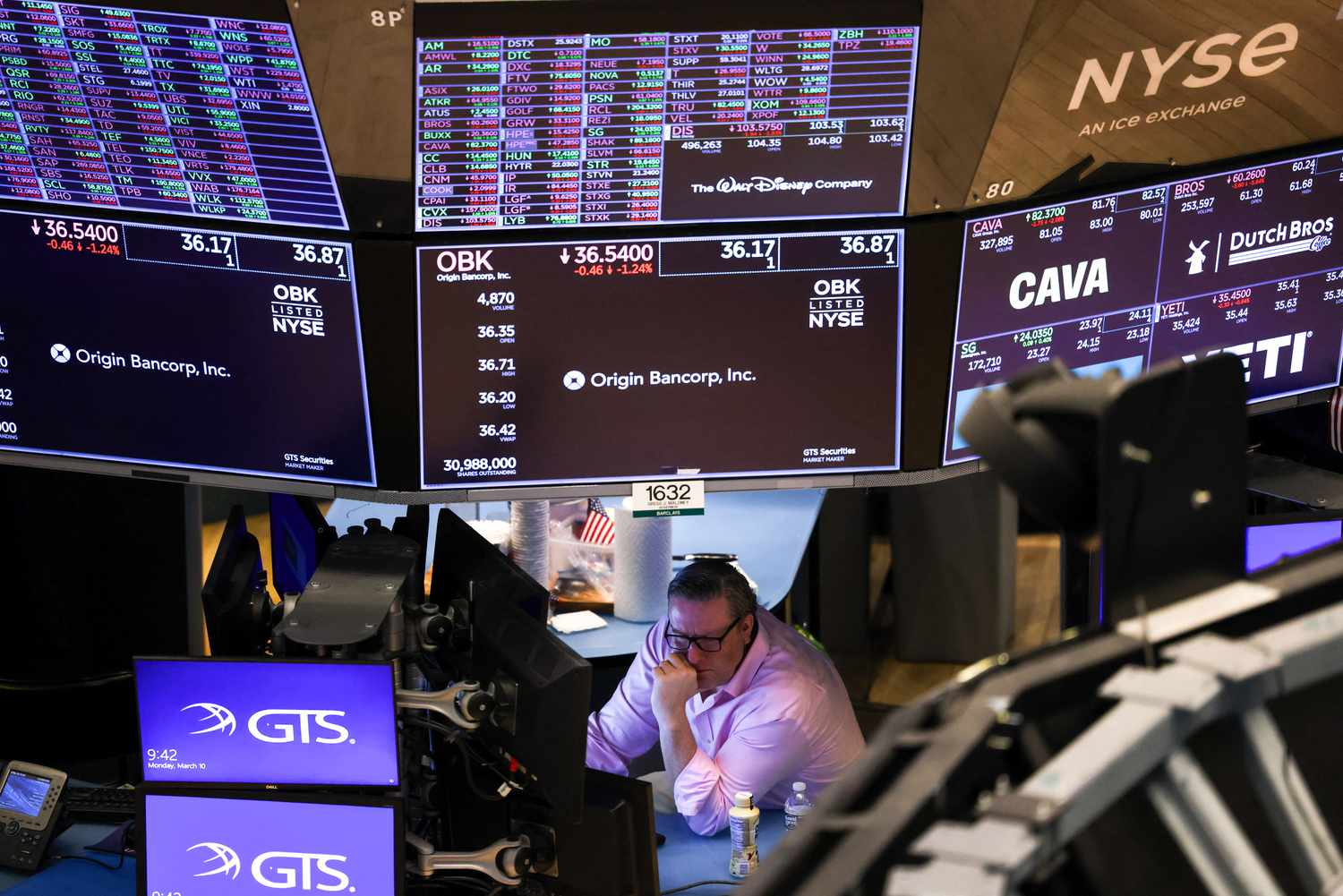 A trader works on the floor of the New York Stock Exchange.