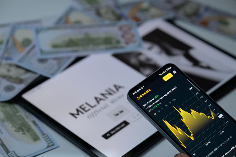 The Melania Meme coin price chart is displayed on a mobile phone with the official Melania meme website in this photo illustration