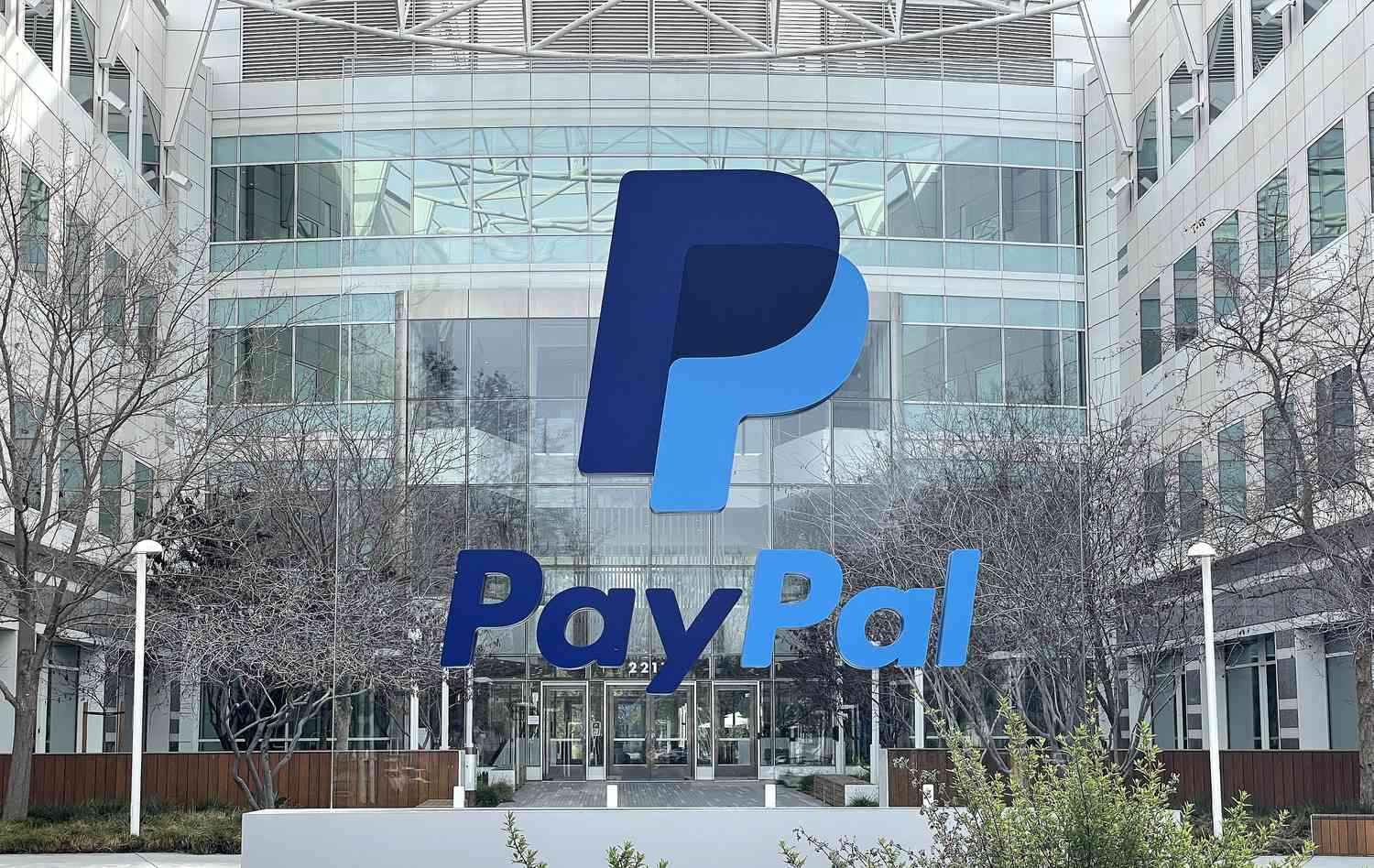 The Paypal logo on a sign outside of the building.