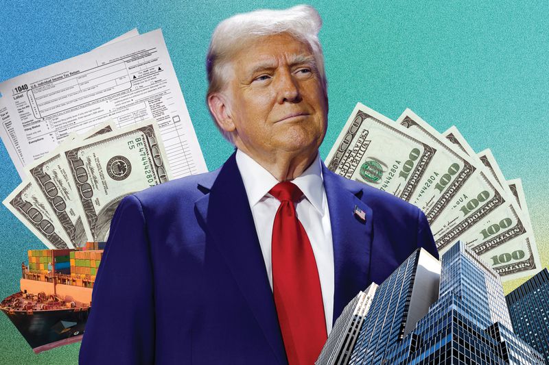 In this photo composite, Donald Trump is pictured in front of money, a cargo ship and tax forms. 