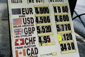 An exchange rate sign showing a U.S. dollar that is weaker than other currencies.