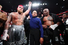 Jake Paul, left, and Mike Tyson after their fight in November. 