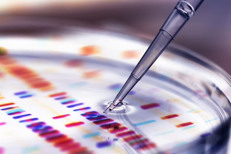 Pipette Adding Sample to Petri Dish With Dna Profiles in Background