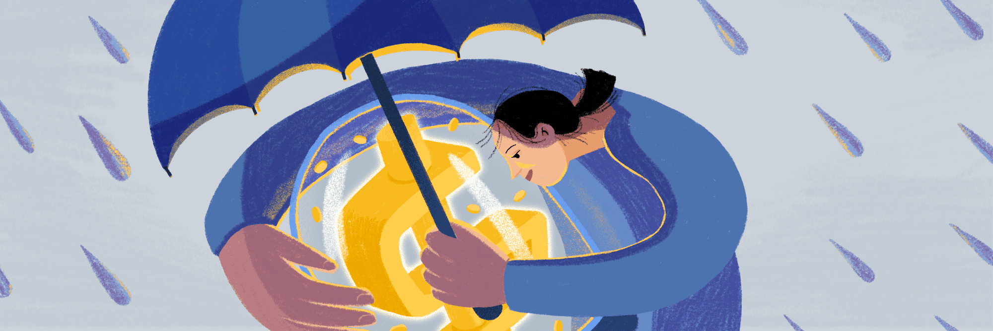 Person with ponytail holds umbrella around their money to symbolize protecting their wealth