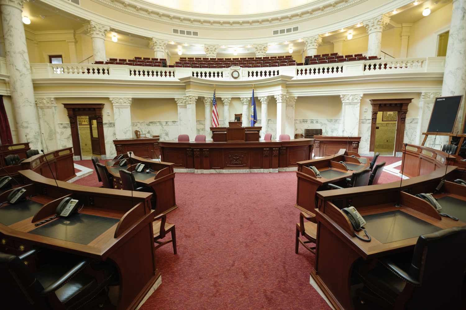 A Senate chamber inside of a U.S. capitol building