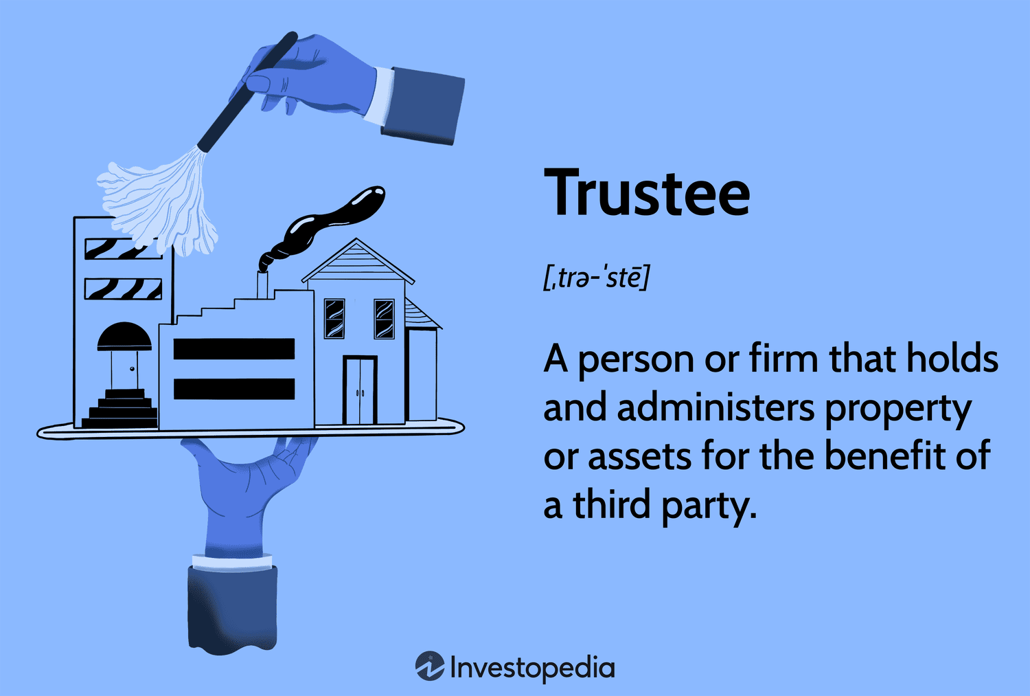 Trustee: A person or firm that holds and administers property or assets for the benefit of a third party.