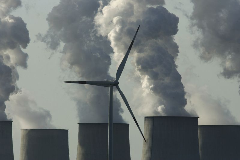 Exhaust plumes from cooling towers at the Jäenschwalde lignite coal-fired power station in Germany