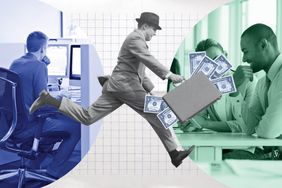 illustration showing a person at work, switching jobs and a couple debating financial decisions