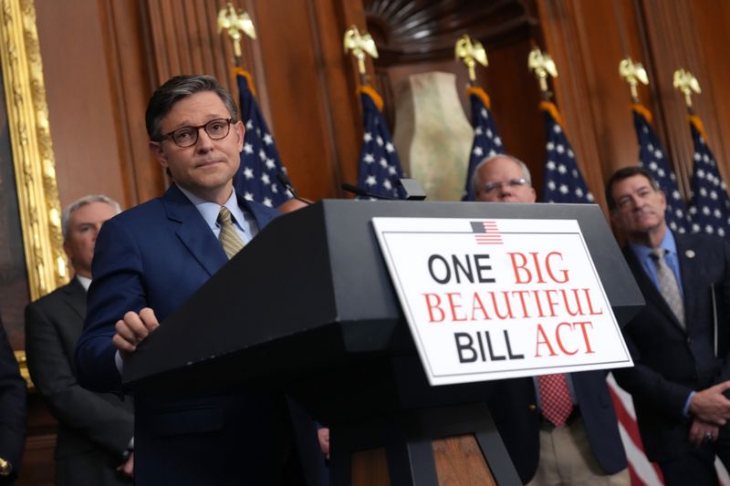 U.S. Speaker of the House Mike Johnson (R-LA) speaks to the media after the House narrowly passed a bill forwarding President Donald Trump's agenda at the U.S. Capitol.