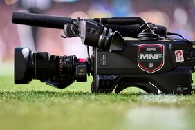 A detail view of an ESPN Monday Night Football NFL logo is seen on a tv camera in action during a game between the San Francisco 49ers and the Baltimore Ravens at Levi's Stadium on December 25, 2023 in Santa Clara, California. 