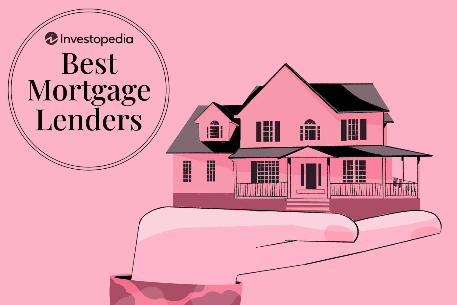 The image is titled "Best Mortgage Lenders" and features a pink background with a large illustration of a house being held in a hand. The text "Investopedia" is prominently displayed in the top left corner, indicating the source. The overall design is simple and uses a pink color scheme throughout, with the house and hand drawn in a stylized, minimalistic way.