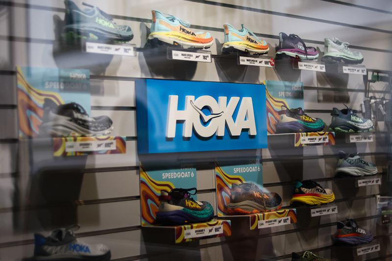 Hoka logo is seen in a store in Krakow, Poland.
