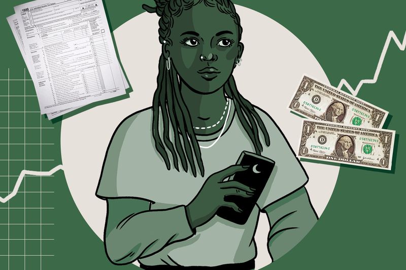 woman holding iphone, thinking about money