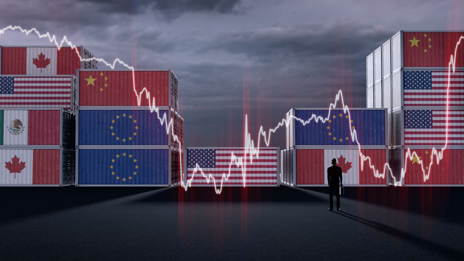 Conceptual illustration showing stacked shipping containers painted with the American, Chinese, European Union, Canadian and Mexican flags, symbolizing trade and export/import industry, overlayed by a man looking at a financial graph.