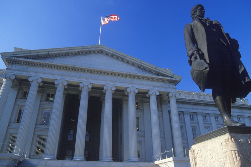 'Statue of Alexander Hamilton in front of the United States Department of Treasury, Washington, D.C.'