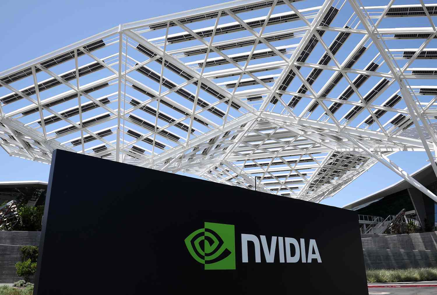 A sign displaying the Nvidia logo at the chipmaker's headquarters.